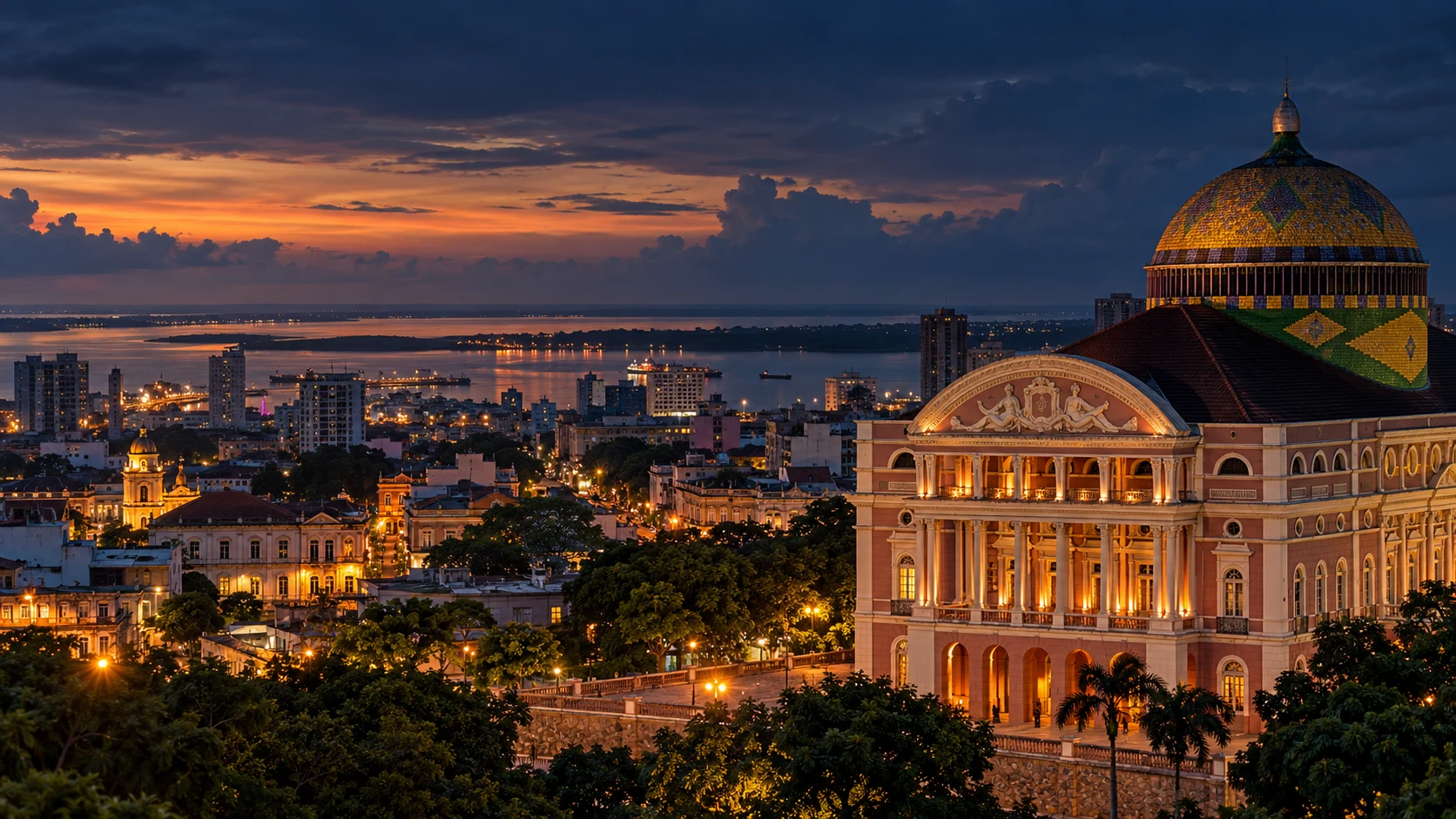 Ilustração de Manaus ao anoitecer, com o Teatro Amazonas em destaque